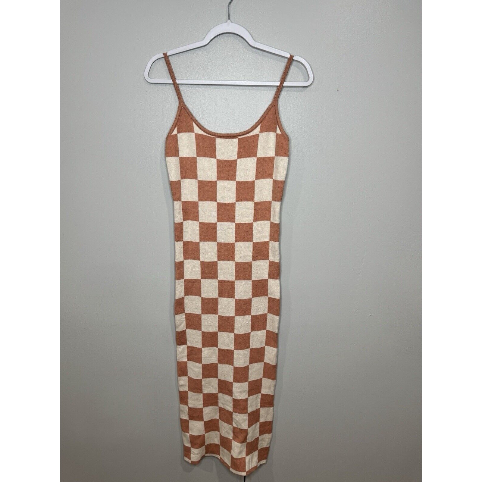 Amazon Checkered Knit Rust White Midi Bodycon Dress Orange Adjustable Stretchy M
